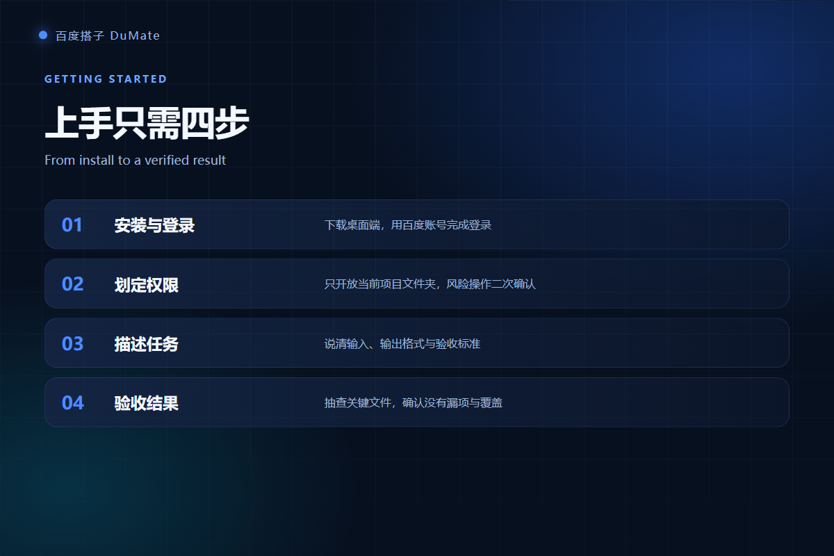 百度搭子 setup steps: install, permissions, task, verify