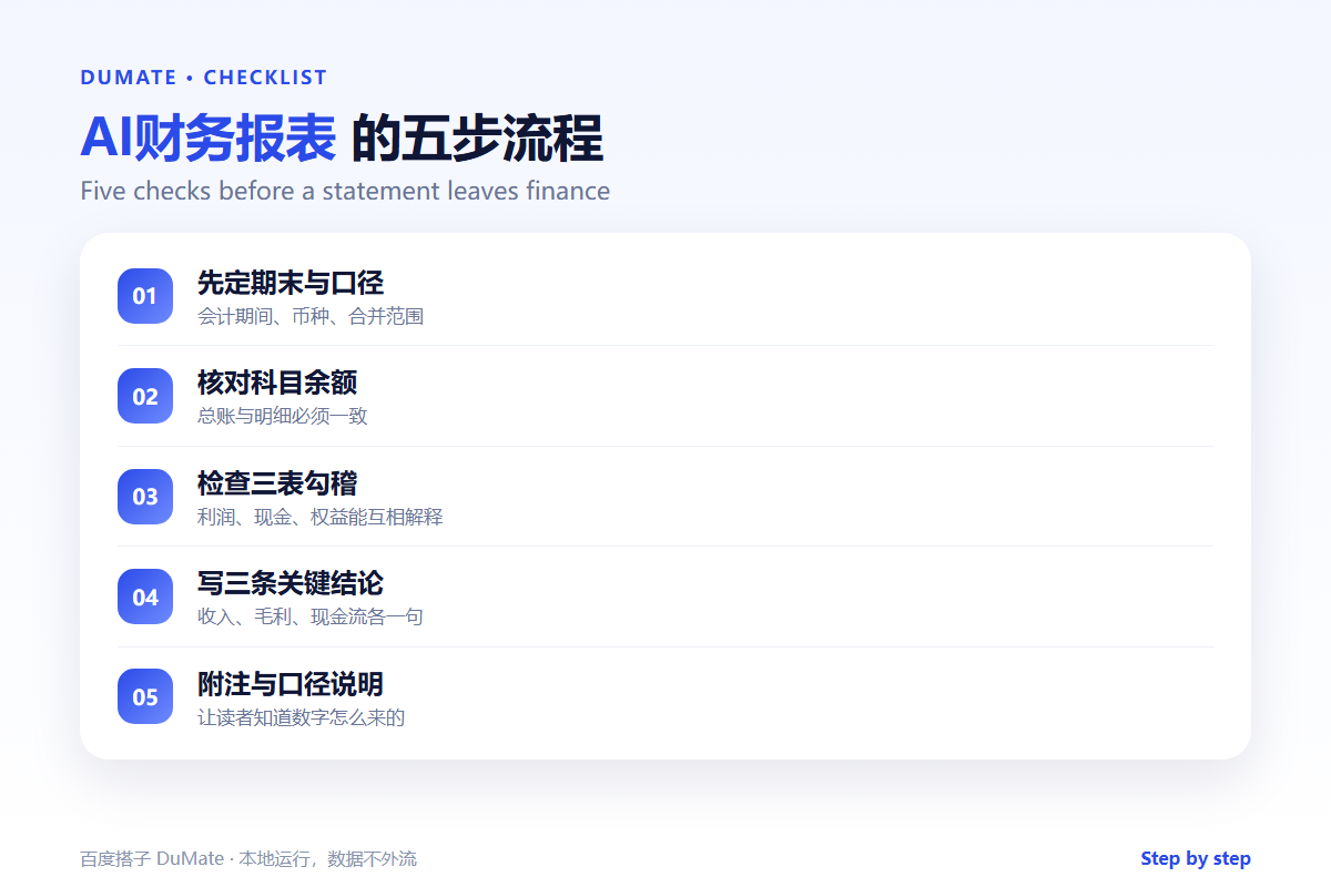 AI财务报表 checklist: period, reconciliation and three conclusions