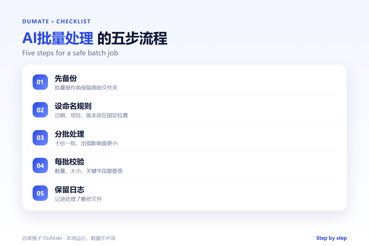 AI批量处理 checklist: batch work with naming and rollback