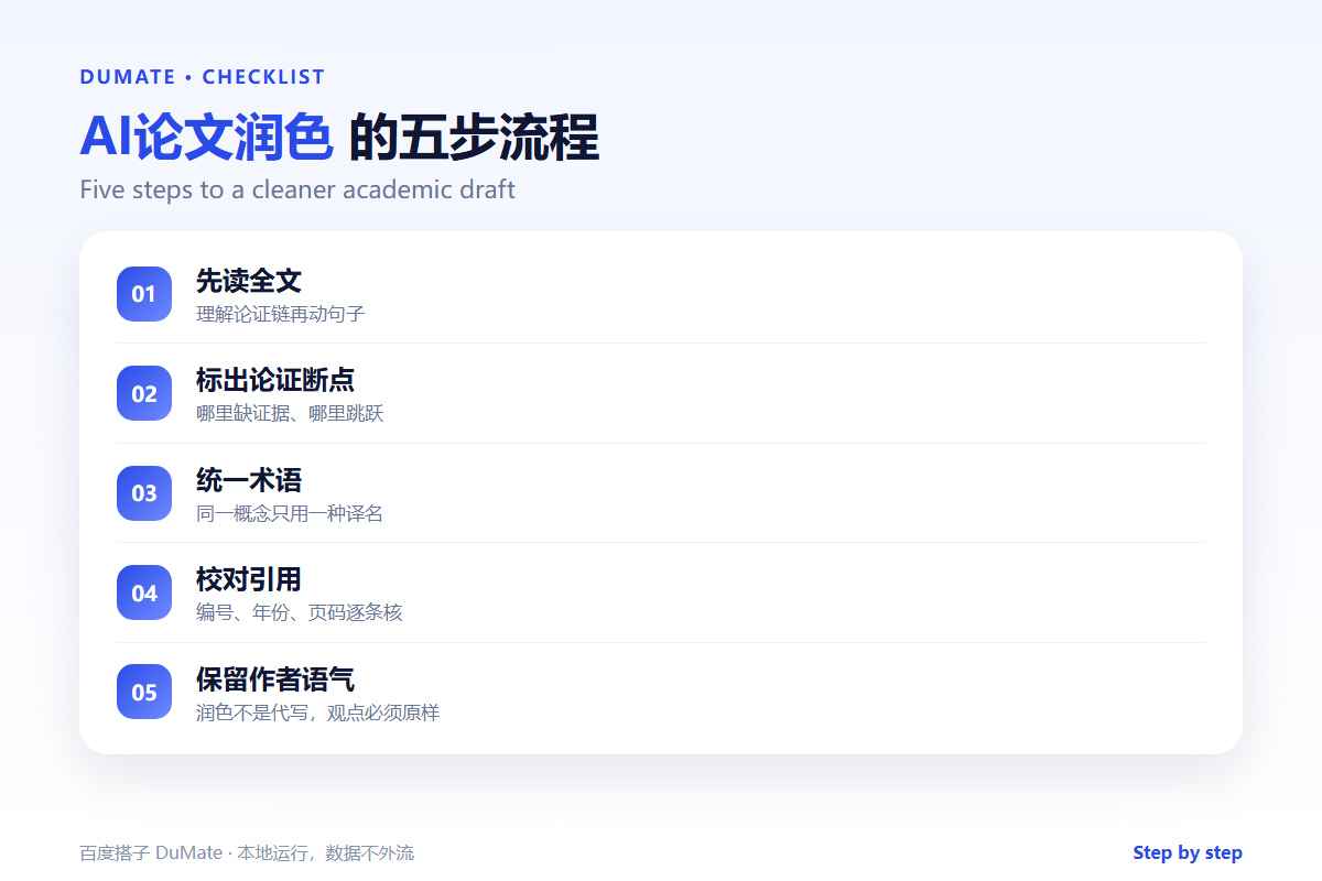 AI论文润色 checklist: argument, terminology and citation checks