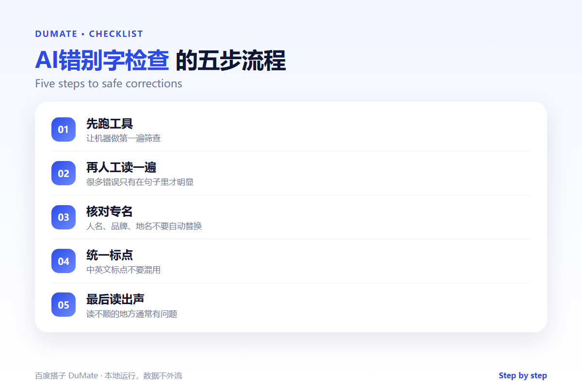 AI错别字检查 checklist: suggestions, names and rollback