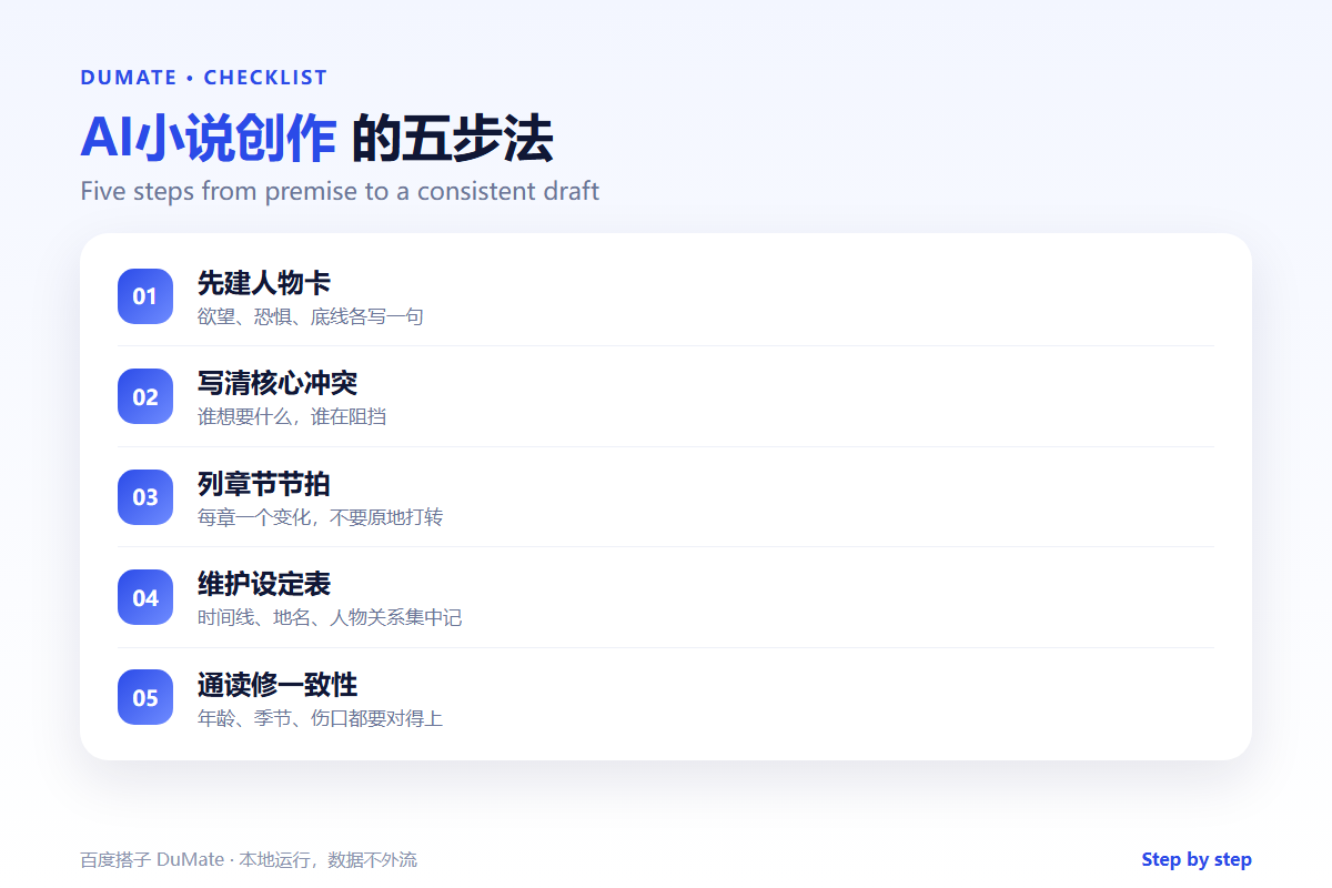 AI小说创作 checklist: character cards, conflict and continuity